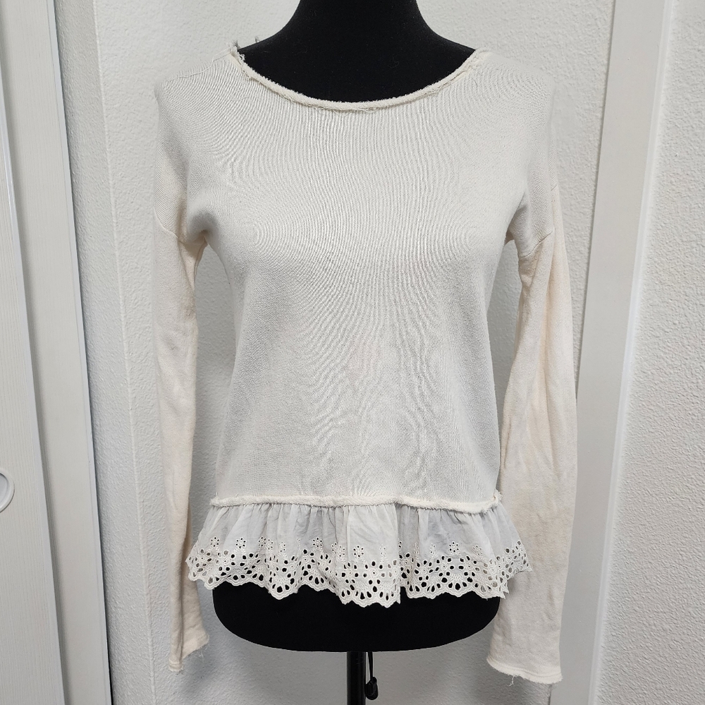Ivory Cream Terrycloth Raw Hem Bohemian Lace Hem Sweater